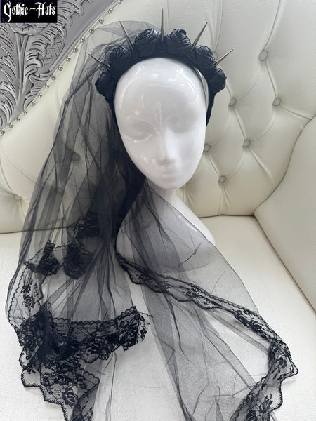 Spikes n Roses Headdress Veil Blk*